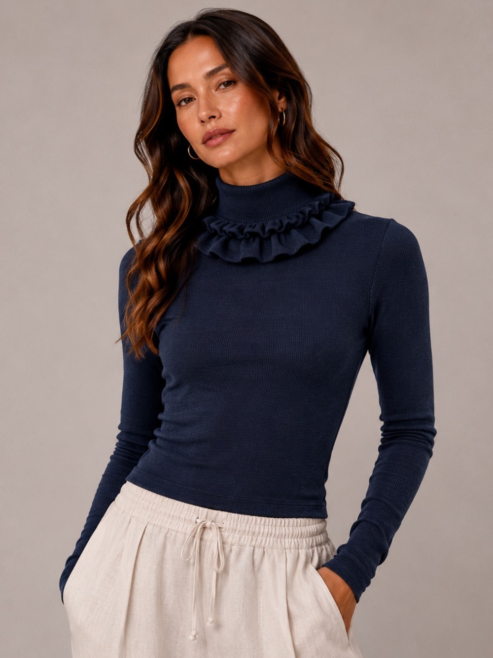 $135 New Goldie Tees Double Ruffle Modal Rib Turtleneck - Small - Navy